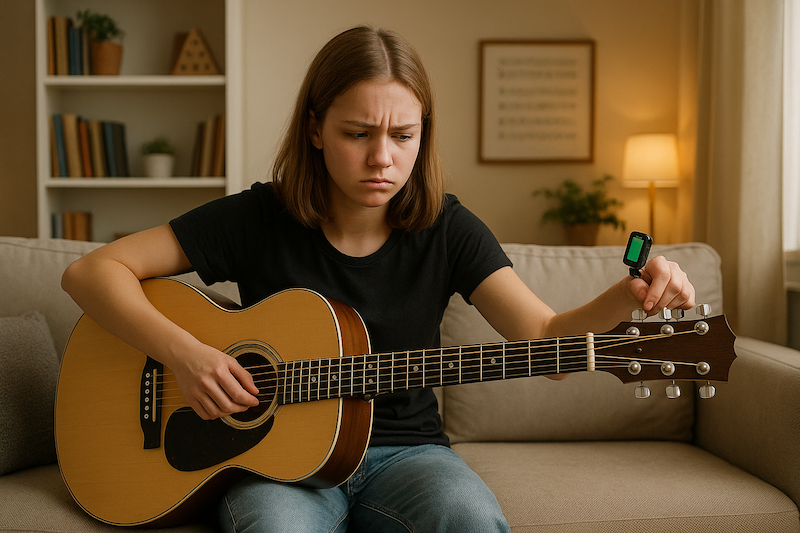 Tuning2 Girl struggling to tune her guitar