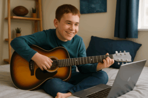 Boy with autism learning guitar in bedroom