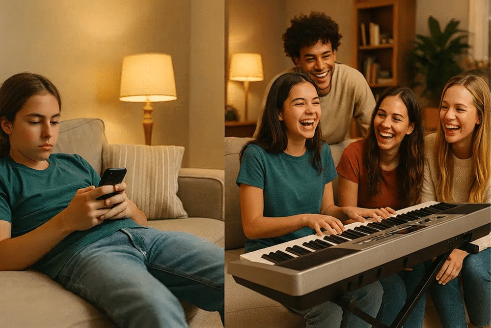 Girl playing keyboard with friends